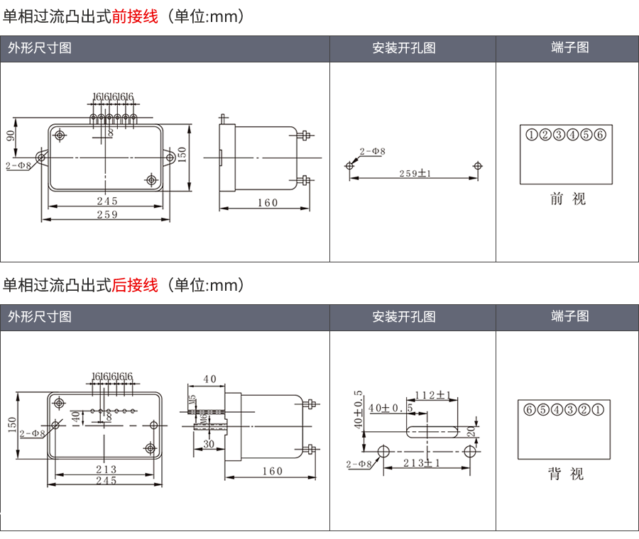 JL-8D/2X222A3凸出式固定安裝結構外形尺寸